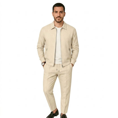 Hommes Ensemble Veste à Col Zippée et Pantalon à Plis avec Cordon | imported-image-1