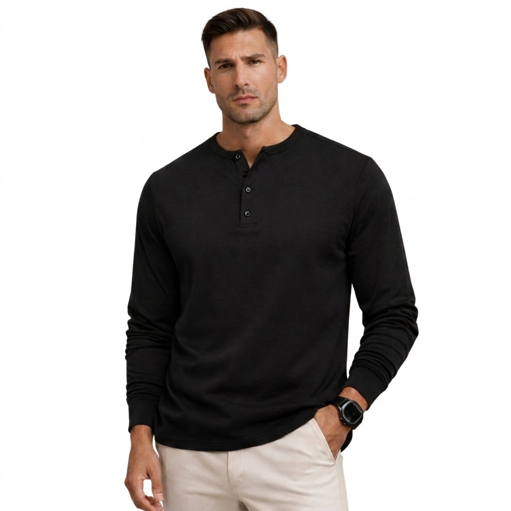 Hommes Henley à manches longues avec boutons Noir