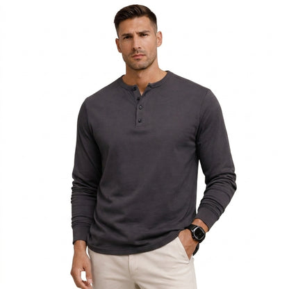 Hommes Henley à manches longues avec boutons Gris Foncé