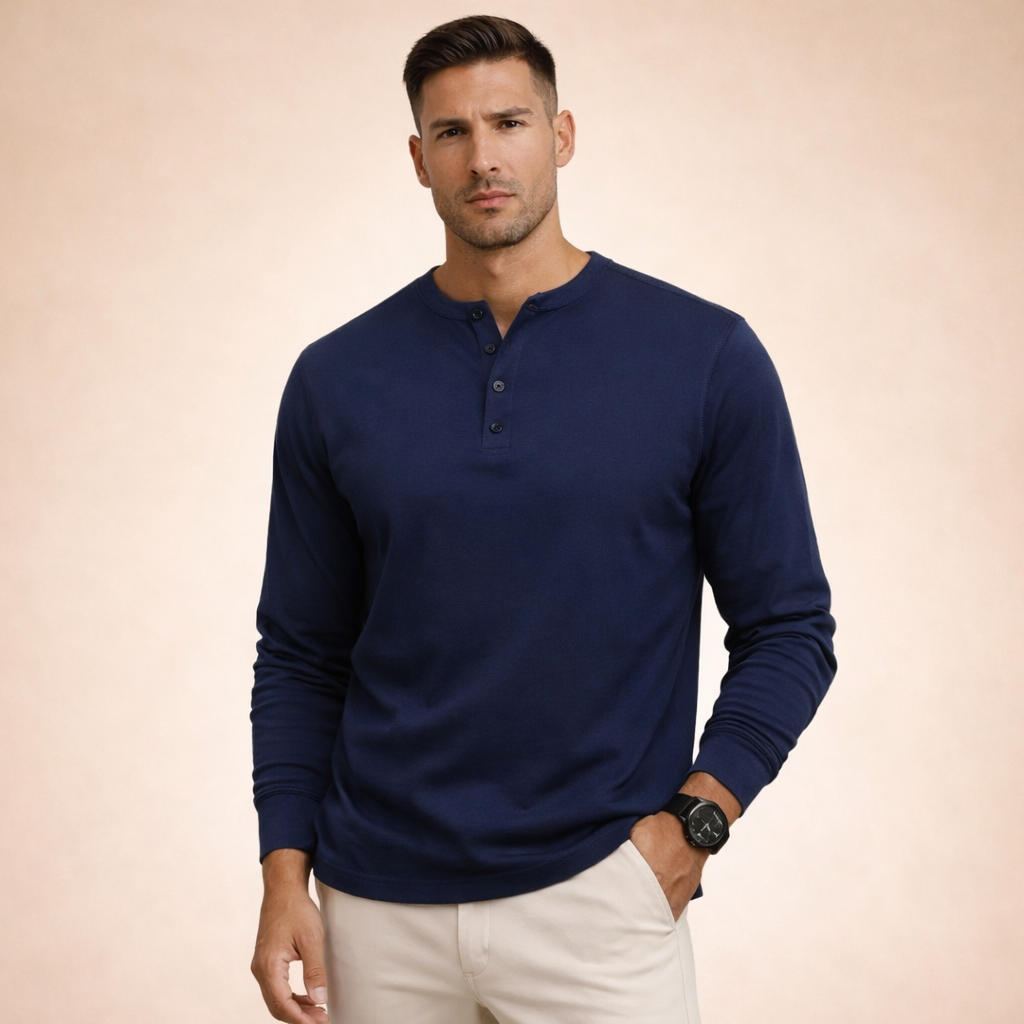 Hommes Henley à manches longues avec boutons Bleu Marine