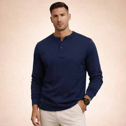 Hommes Henley à manches longues avec boutons Bleu Marine