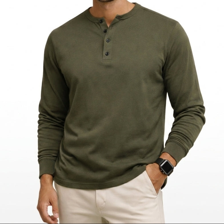 Hommes Henley à manches longues avec boutons Vert Armée