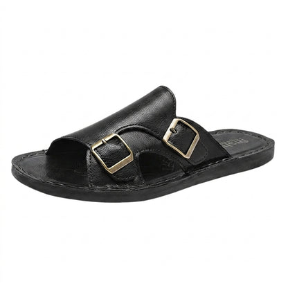 Hommes Sandales à Double Bride et Boucles Métalliques Noir