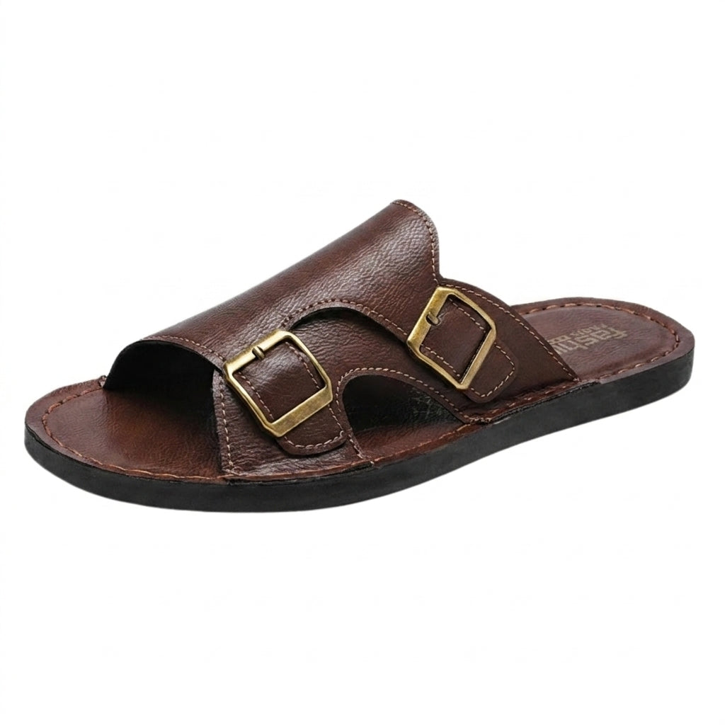 Hommes Sandales à Double Bride et Boucles Métalliques Marron