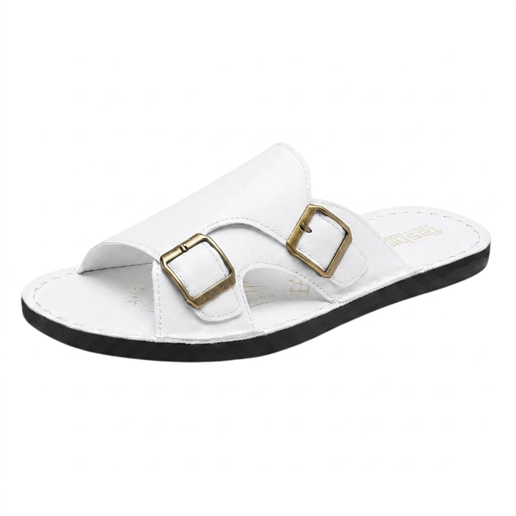Hommes Sandales à Double Bride et Boucles Métalliques Blanc