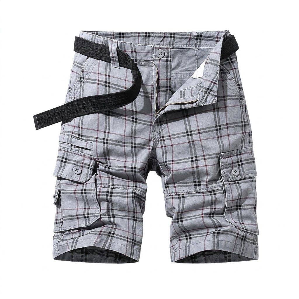 Hommes Short Cargo à Carreaux avec Ceinture et Poches Latérales Gris