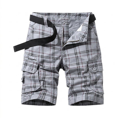 Hommes Short Cargo à Carreaux avec Ceinture et Poches Latérales Gris