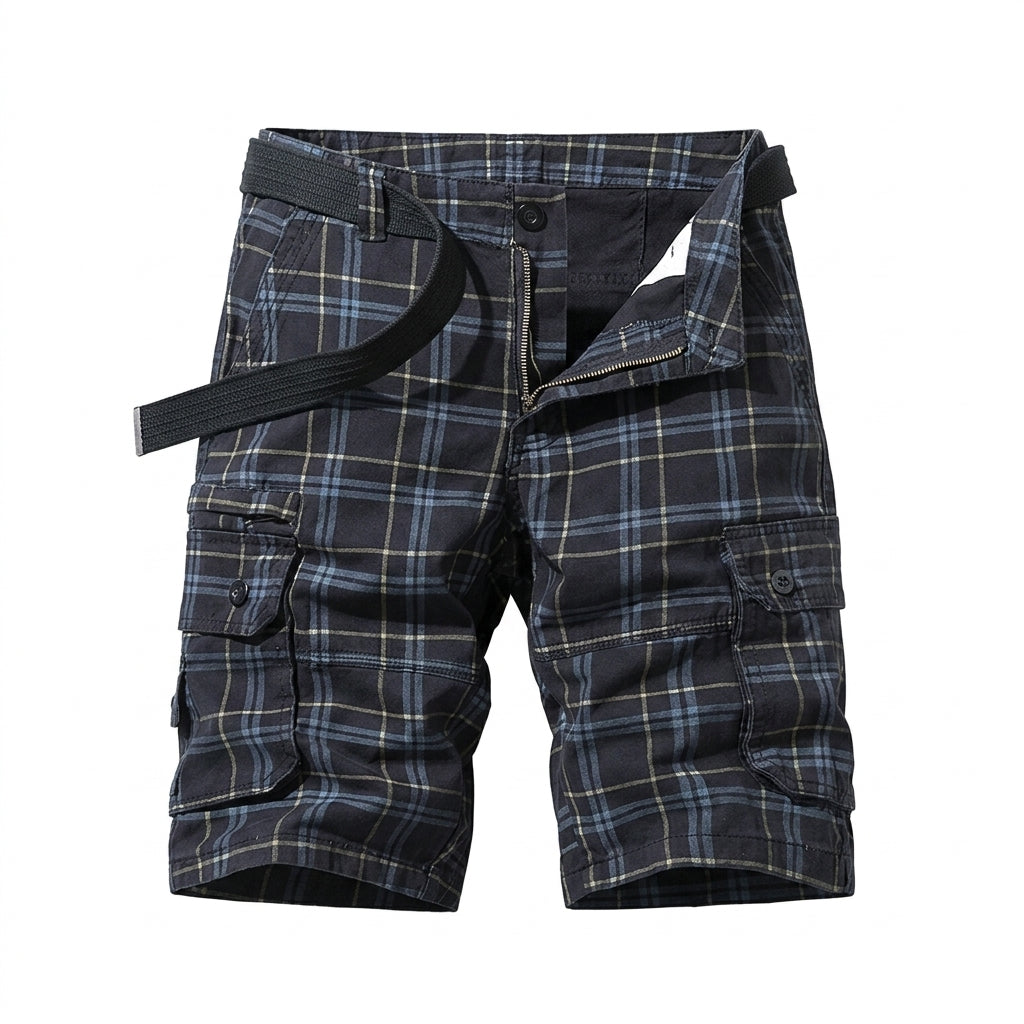 Hommes Short Cargo à Carreaux avec Ceinture et Poches Latérales Noir