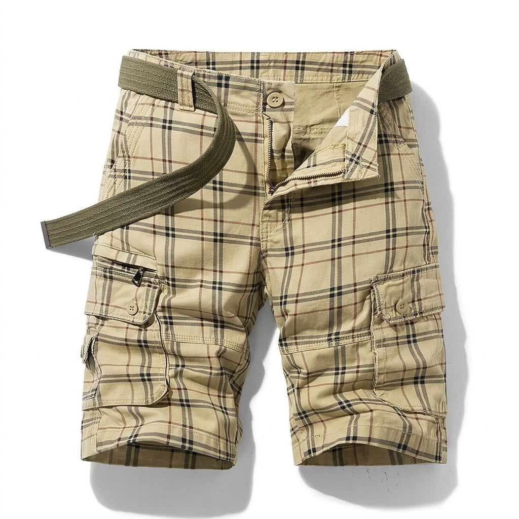 Hommes Short Cargo à Carreaux avec Ceinture et Poches Latérales Kaki