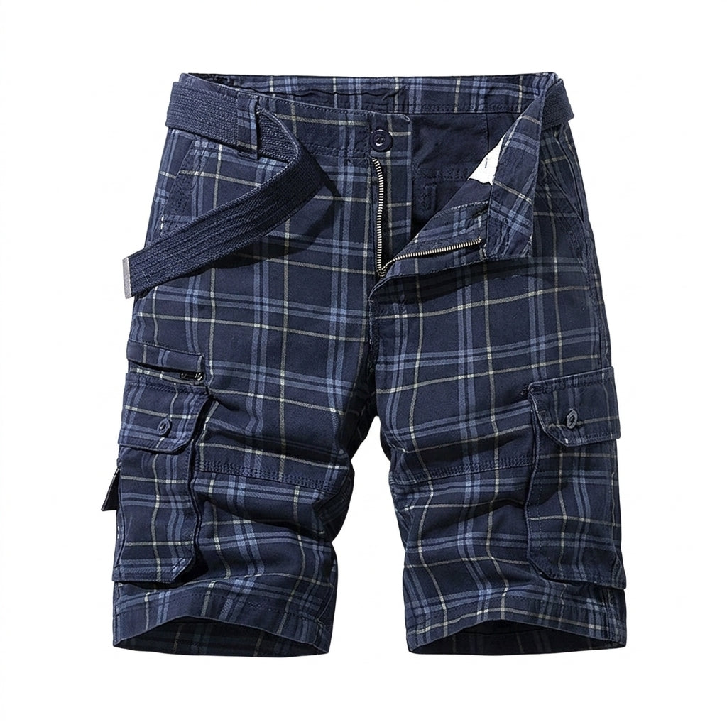 Hommes Short Cargo à Carreaux avec Ceinture et Poches Latérales Bleu