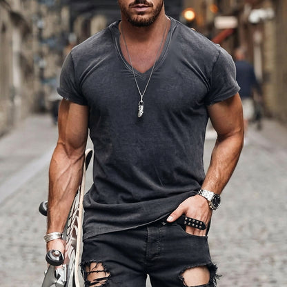 Hommes T-shirt à manches courtes et col en V Gris Foncé