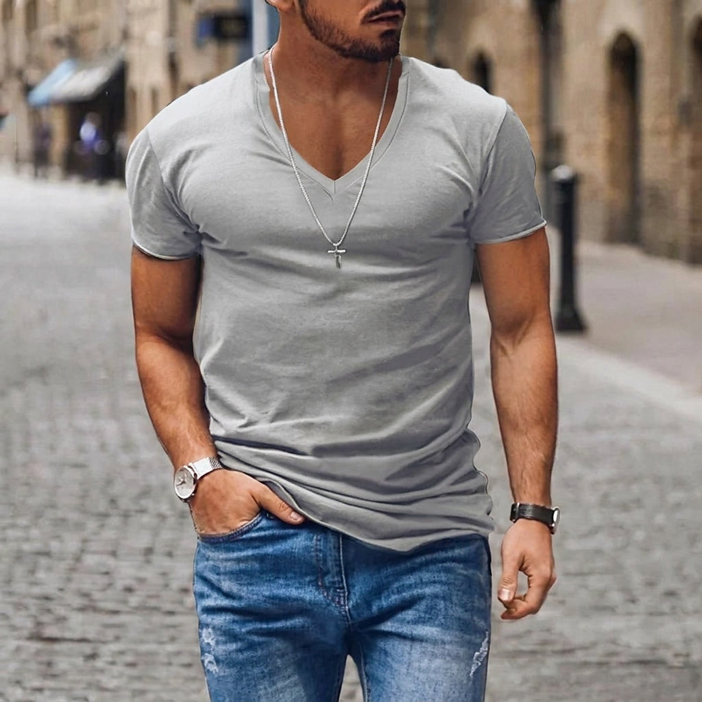Hommes T-shirt à manches courtes et col en V Gris