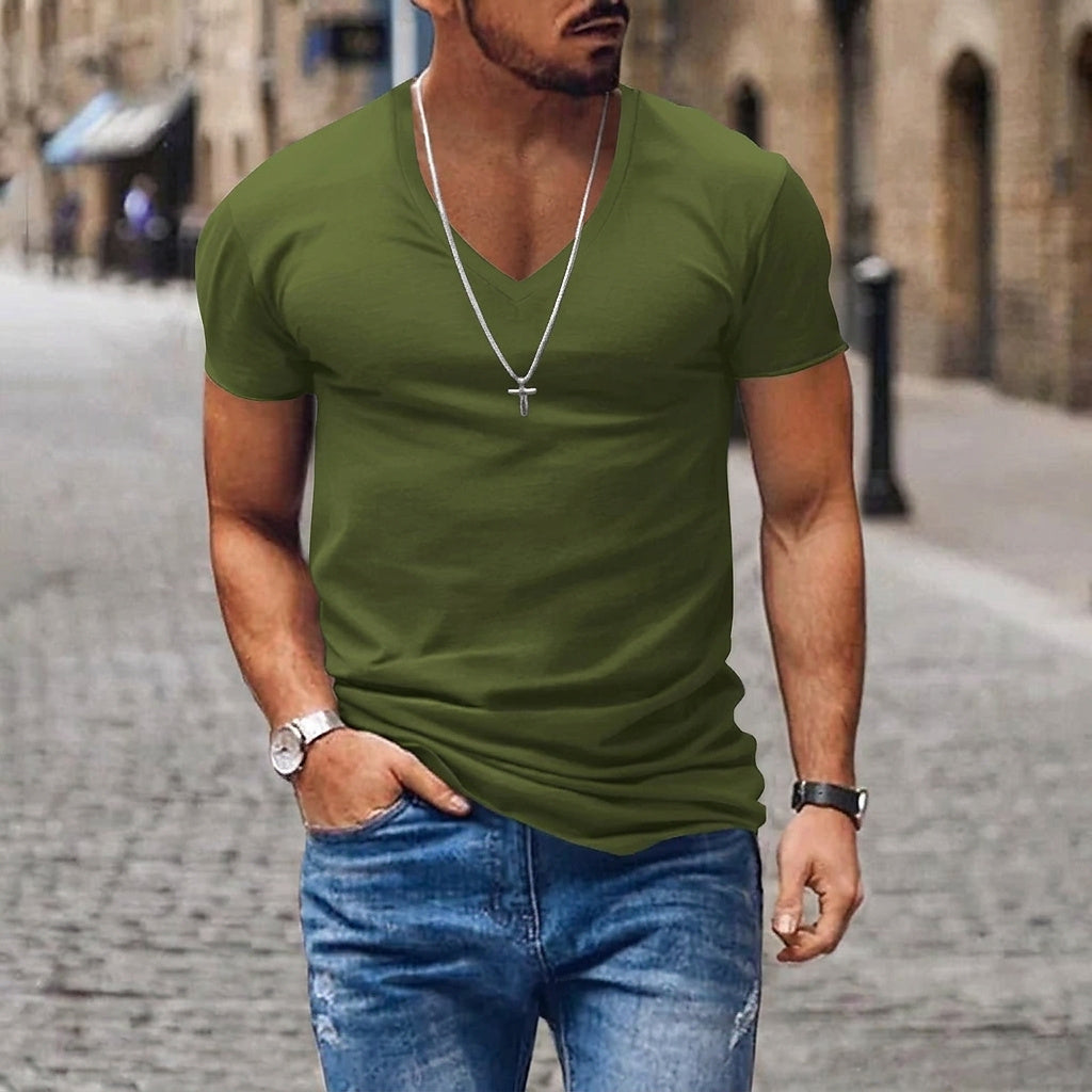 Hommes T-shirt à manches courtes et col en V Vert Armée