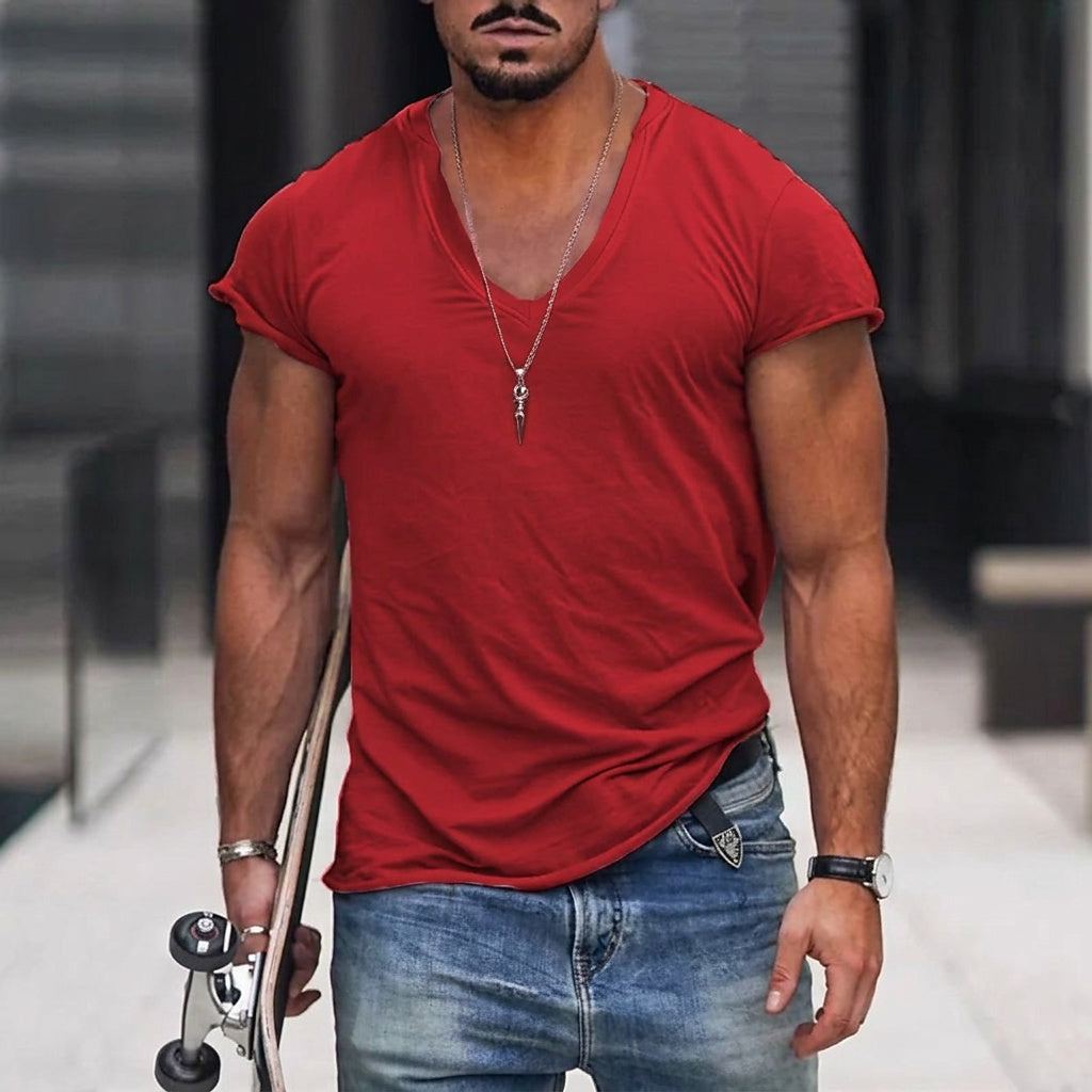 Hommes T-shirt à manches courtes et col en V Rouge