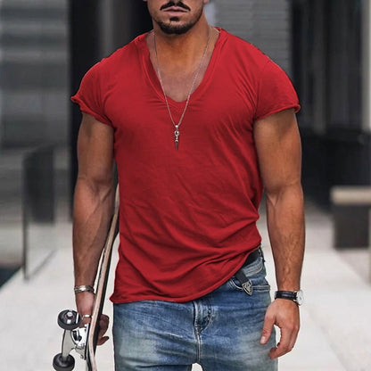 Hommes T-shirt à manches courtes et col en V Rouge