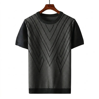 Hommes T shirt en maille à col rond et motifs géométriques en relief Noir