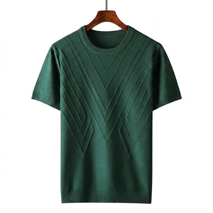 Hommes T shirt en maille à col rond et motifs géométriques en relief Vert