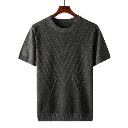 Hommes T shirt en maille à col rond et motifs géométriques en relief Gris