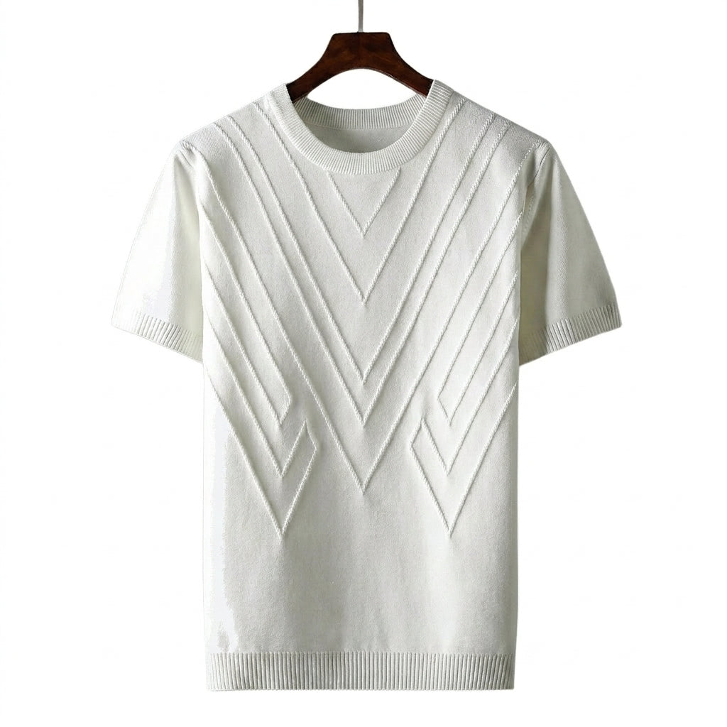 Hommes T shirt en maille à col rond et motifs géométriques en relief Blanc