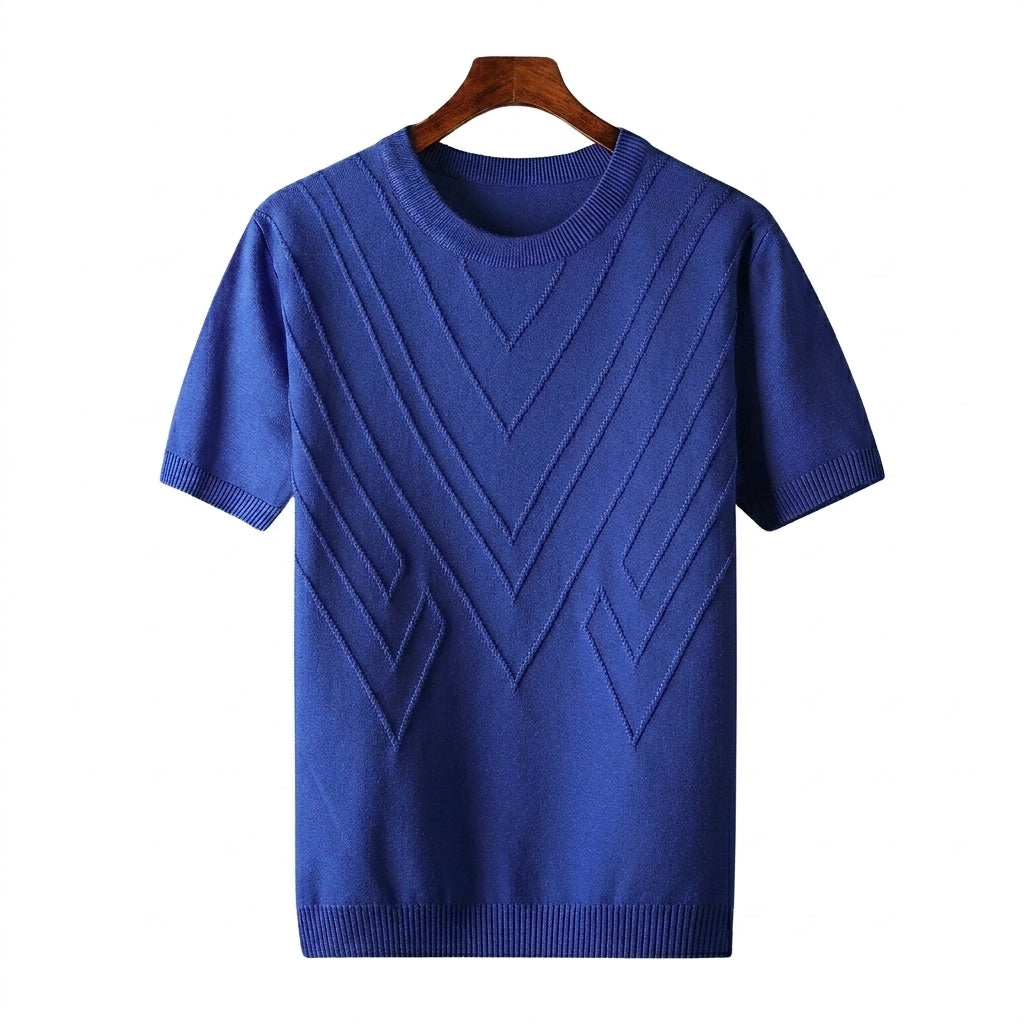 Hommes T shirt en maille à col rond et motifs géométriques en relief Bleu Roi