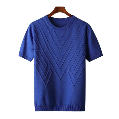 Hommes T shirt en maille à col rond et motifs géométriques en relief Bleu Roi