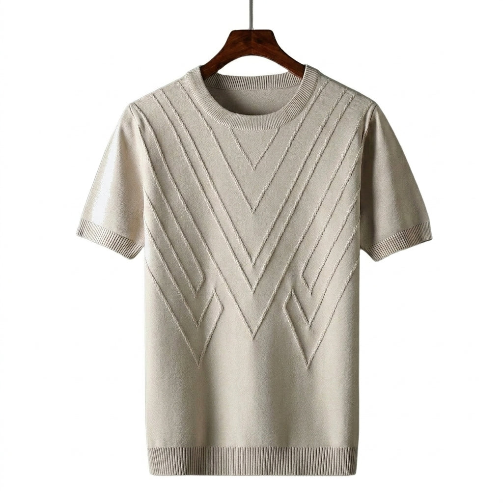 Hommes T shirt en maille à col rond et motifs géométriques en relief Abricot