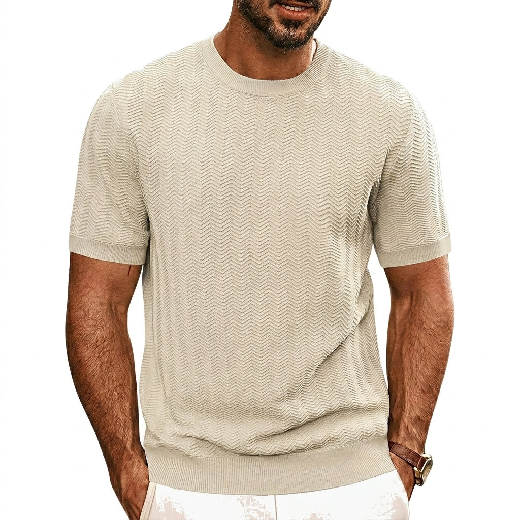 Hommes T-shirt en maille à manches courtes avec texture à chevrons et col rond Beige