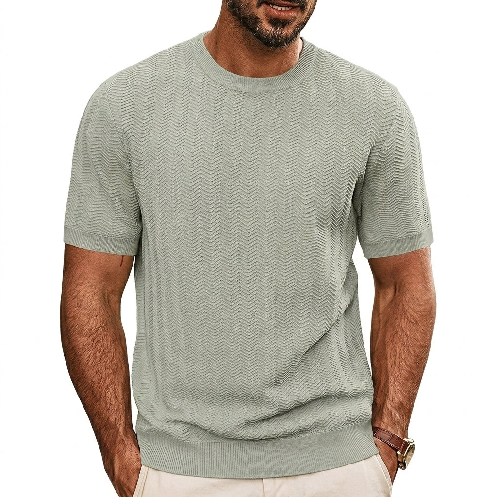 Hommes T-shirt en maille à manches courtes avec texture à chevrons et col rond Gris Clair