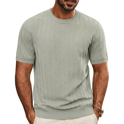 Hommes T-shirt en maille à manches courtes avec texture à chevrons et col rond Gris Clair