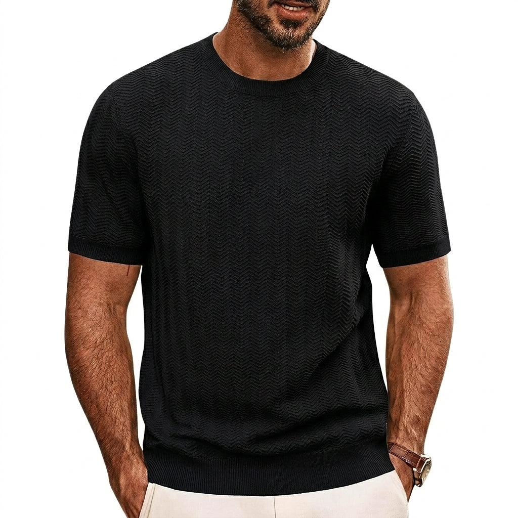 Hommes T-shirt en maille à manches courtes avec texture à chevrons et col rond Noir