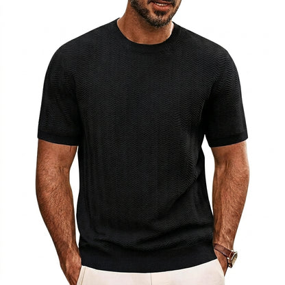 Hommes T-shirt en maille à manches courtes avec texture à chevrons et col rond Noir