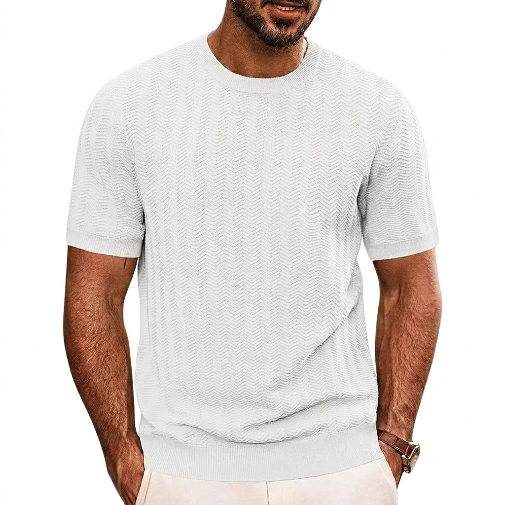 Hommes T-shirt en maille à manches courtes avec texture à chevrons et col rond Blanc