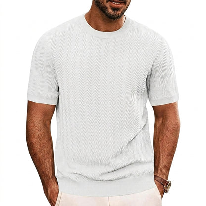Hommes T-shirt en maille à manches courtes avec texture à chevrons et col rond Blanc