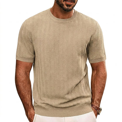 Hommes T-shirt en maille à manches courtes avec texture à chevrons et col rond Kaki