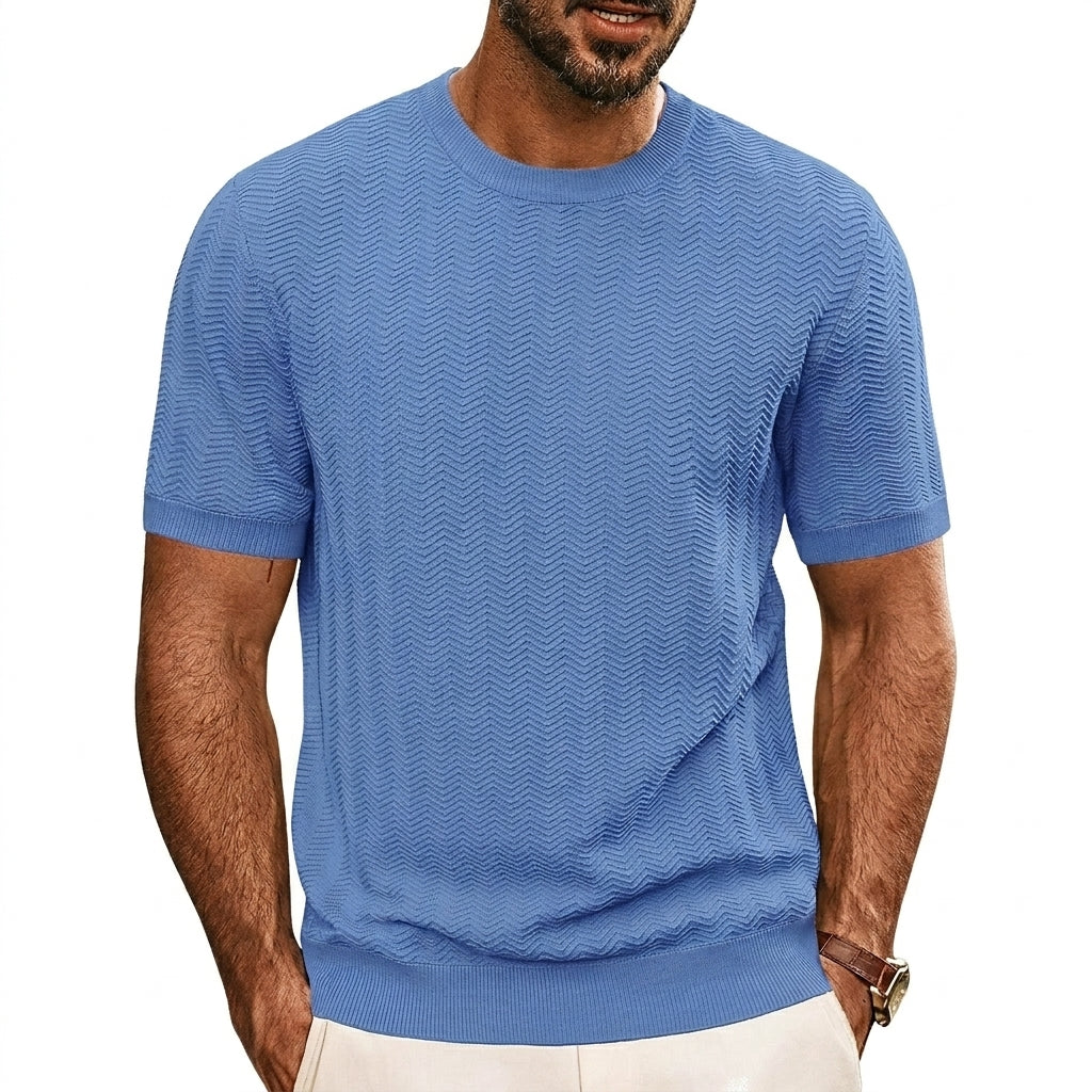 Hommes T-shirt en maille à manches courtes avec texture à chevrons et col rond Bleu