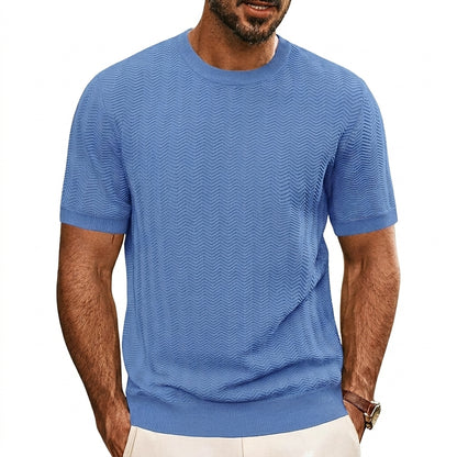 Hommes T-shirt en maille à manches courtes avec texture à chevrons et col rond Bleu