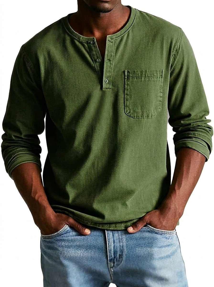Hommes - T-shirt henley à manches longues avec poche poitrine Olive