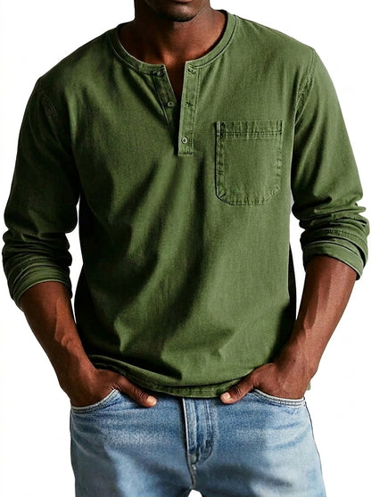 Hommes - T-shirt henley à manches longues avec poche poitrine Olive