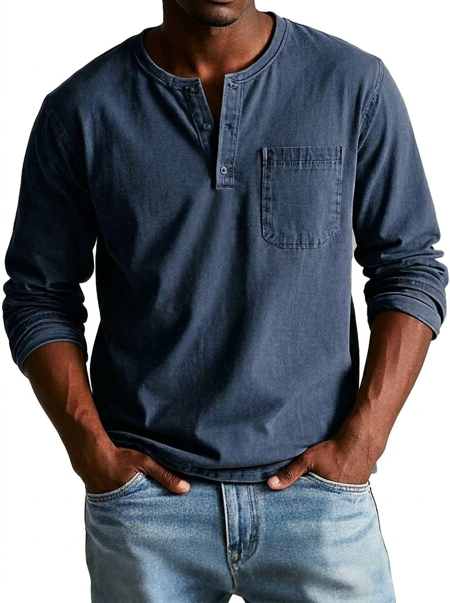 Hommes - T-shirt henley à manches longues avec poche poitrine Bleu Marine