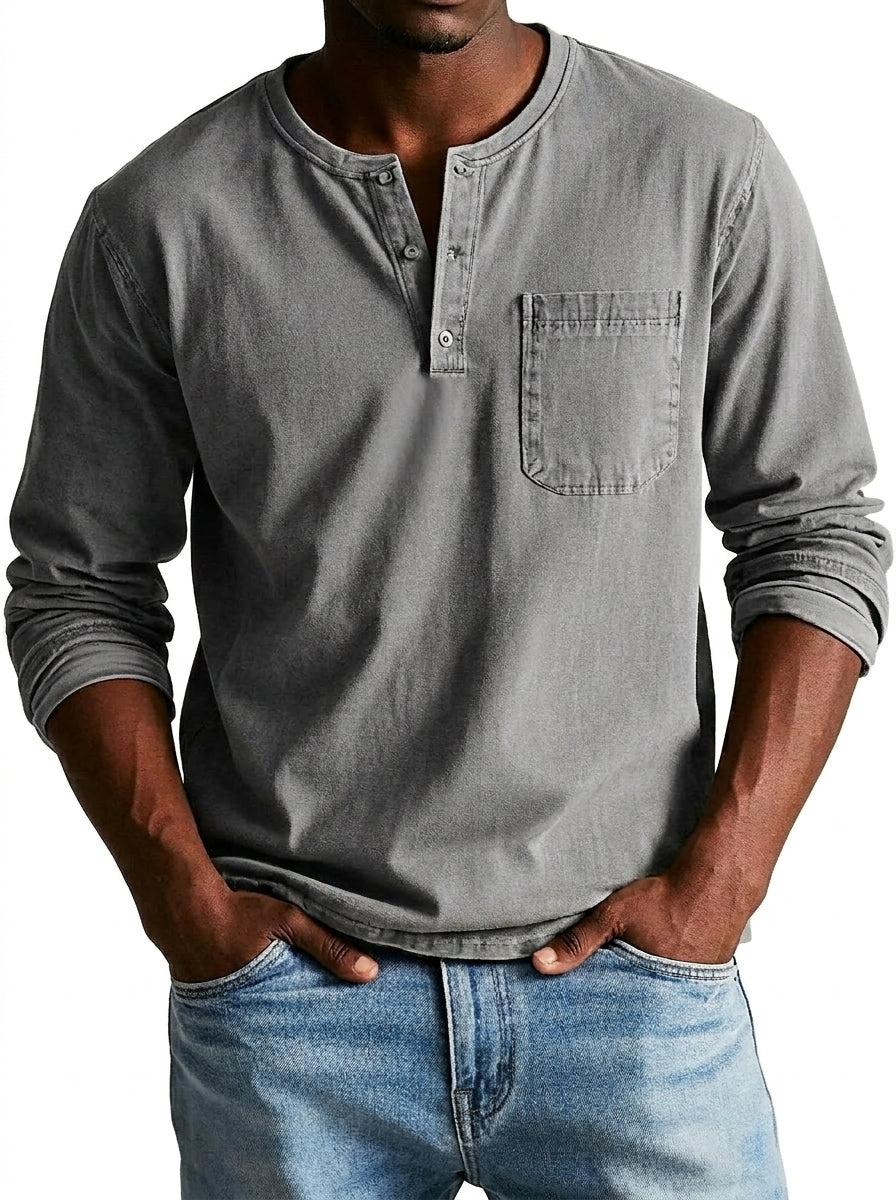 Hommes - T-shirt henley à manches longues avec poche poitrine Gris