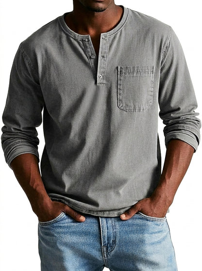 Hommes - T-shirt henley à manches longues avec poche poitrine Gris