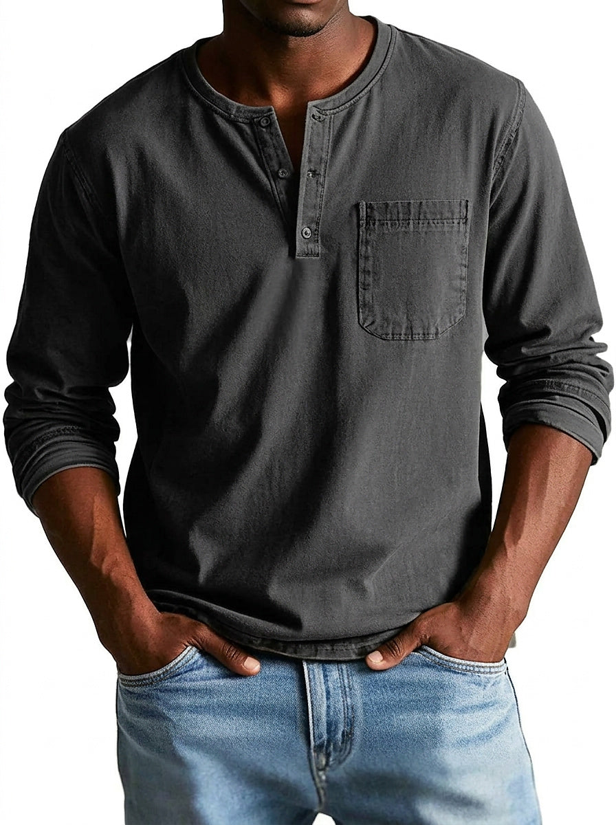 Hommes - T-shirt henley à manches longues avec poche poitrine Noir