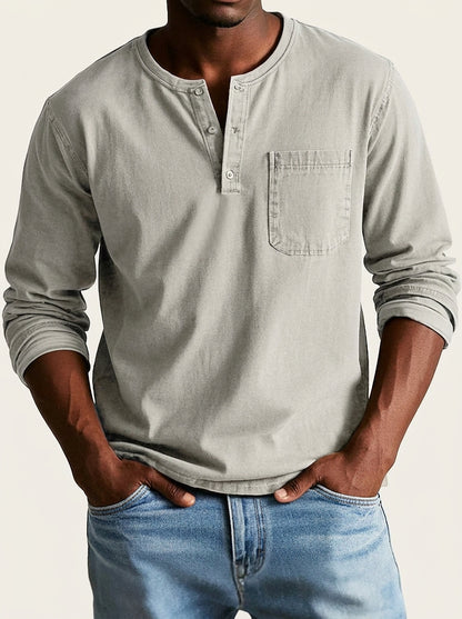 Hommes - T-shirt henley à manches longues avec poche poitrine Gris Clair