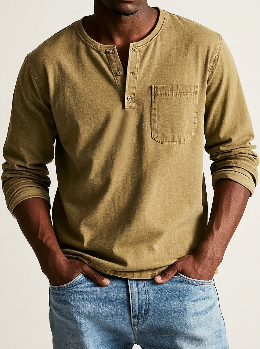Hommes - T-shirt henley à manches longues avec poche poitrine Marron