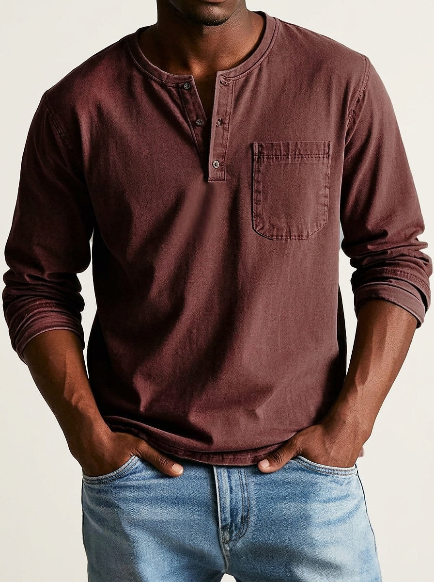 Hommes - T-shirt henley à manches longues avec poche poitrine Rouge