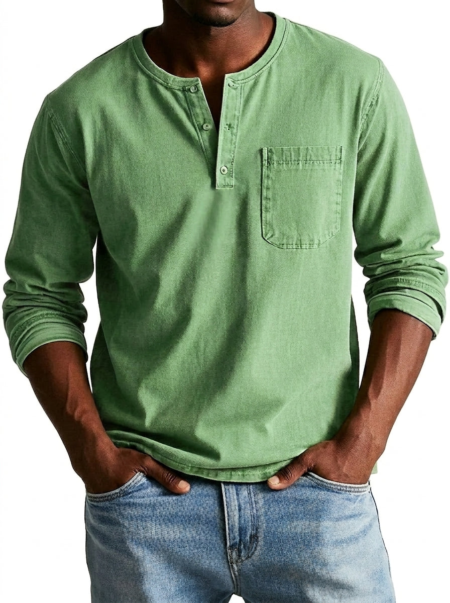 Hommes - T-shirt henley à manches longues avec poche poitrine Vert