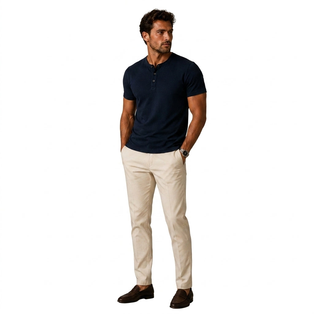 Hommes T shirt henley manches courtes patte de boutonnage trois boutons Bleu Marine