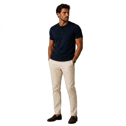 Hommes T shirt henley manches courtes patte de boutonnage trois boutons Bleu Marine
