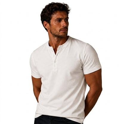 Hommes T shirt henley manches courtes patte de boutonnage trois boutons Blanc