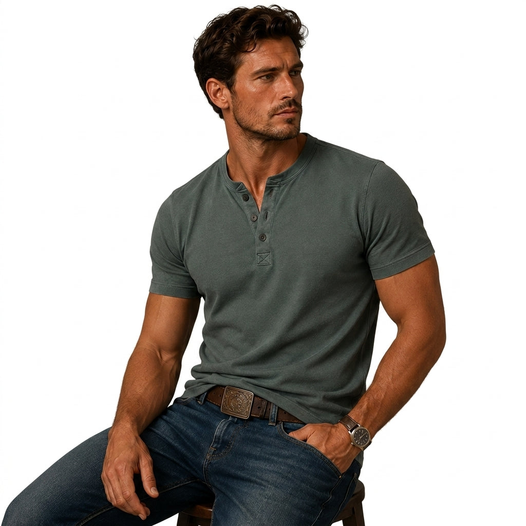 Hommes T shirt henley manches courtes patte de boutonnage trois boutons Gris